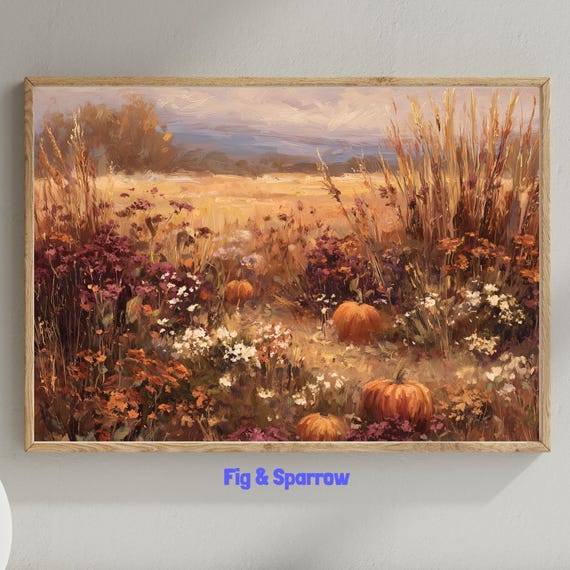Rustic Autumn Landscape Art Print, Pumpkin Field