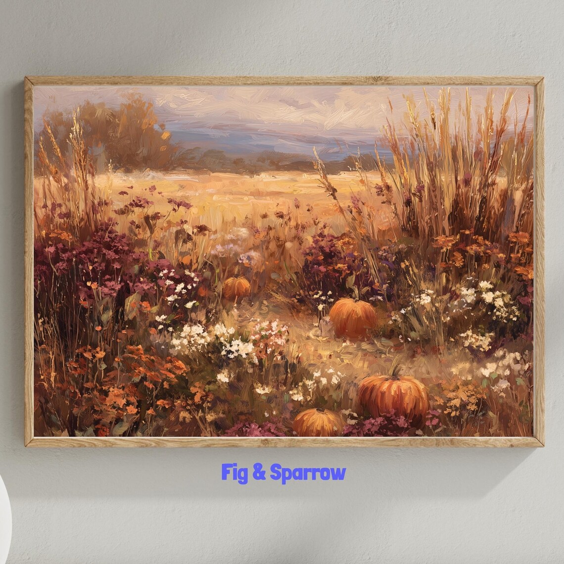 Rustic Autumn Landscape Art Print, Pumpkin Field