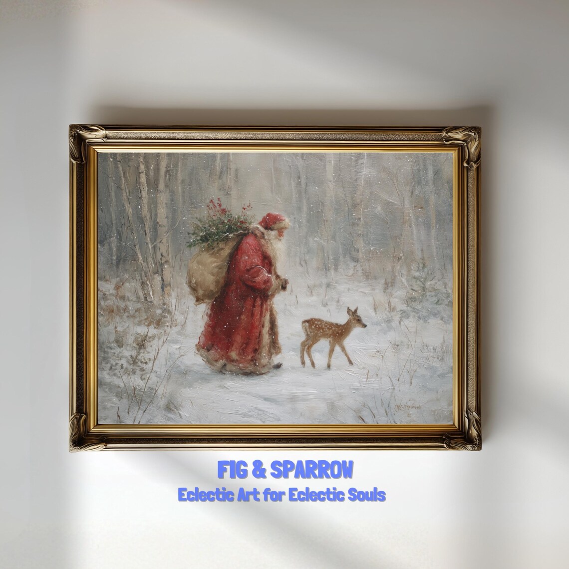 Vintage Santa and Fawn Rustic Christmas Art Print