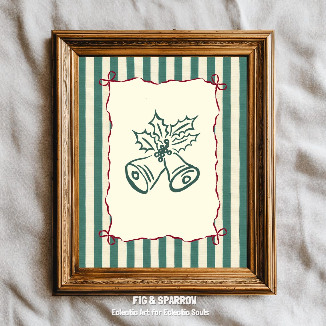 Vintage Christmas Bells with Holly Green Line Drawing Holiday Wall Art