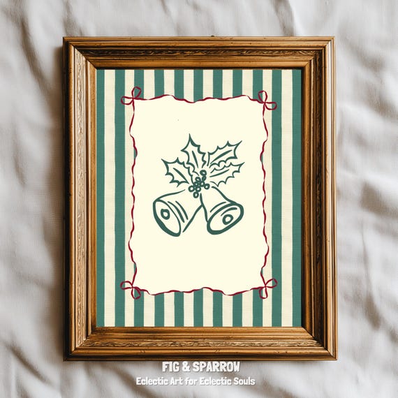 Vintage Christmas Bells with Holly Green Line Drawing Holiday Wall Art