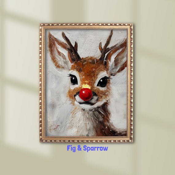Rudolph Red Nosed Reindeer Vintage Christmas Oil Painting Poster