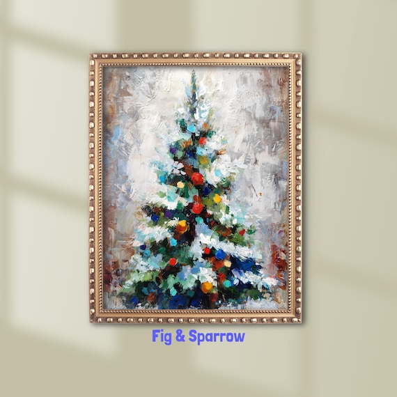 Colorful Christmas Tree Painting Impasto Jewel Ornaments Festive Winter Poster