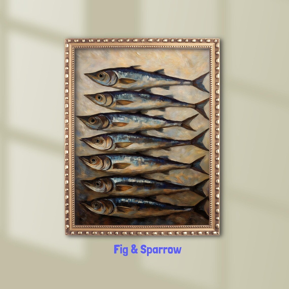 Vintage Sardine Oil Painting Seven Fish Rustic Coastal Kitchen Wall Art