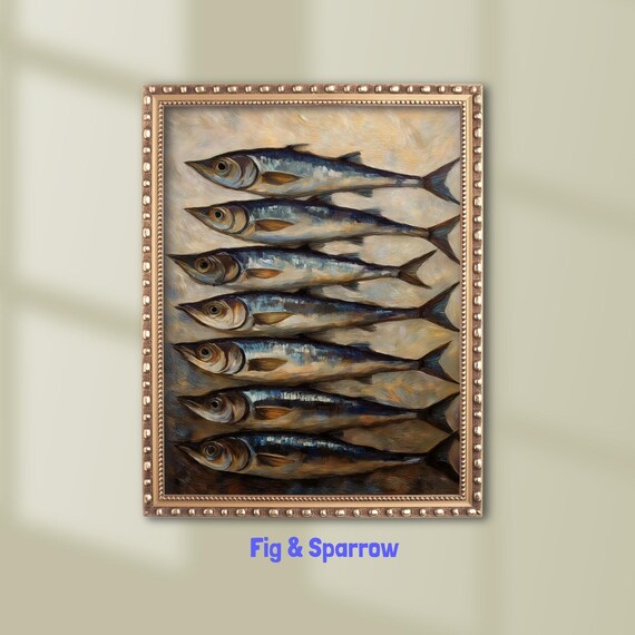 Vintage Sardine Oil Painting Seven Fish Rustic Coastal Kitchen Wall Art