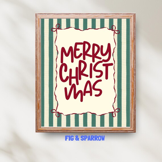 Merry Christmas Hand Lettered Green Striped Farmhouse Holiday Art Print