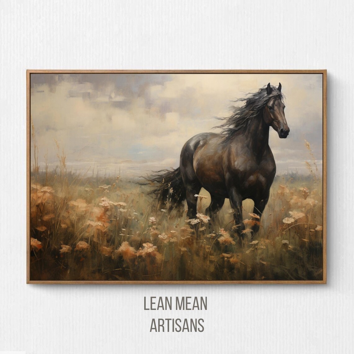 Dark Horse Wildflower Meadow Vintage Oil Painting Animal Poster