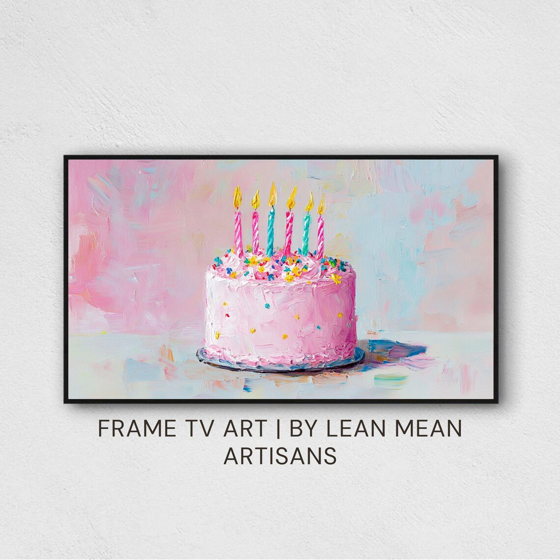 Pink Birthday Cake Six Lit Candles Sprinkles Pastel Painting Print
