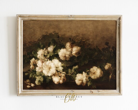 Moody Vintage Floral Print Floral Still Life Antique Oil Painting Moody Horizontal Wall Art Dark Academia French Country Farmhouse Decor