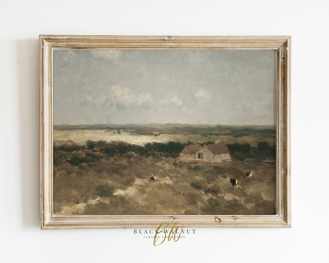 Barn Landscape Print Vintage Painting Landscape Antique Oil Painting Vintage French Farmhouse Decor Muted Tones Art