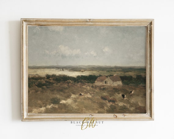 Barn Landscape Print Vintage Painting Landscape Antique Oil Painting Vintage French Farmhouse Decor Muted Tones Art