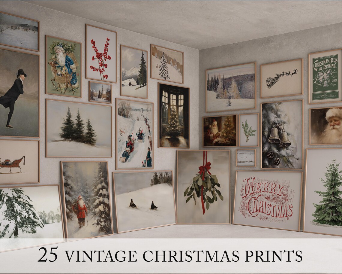 Christmas Wall Art Print Set, Vintage Holiday Bundle
