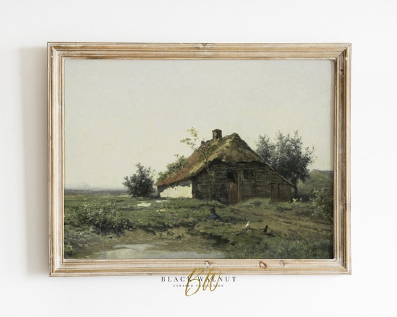 Vintage Barn Landscape Print Farmhouse Decor Barn Oil Painting Muted Tones Art Green Brown Painting Vintage Art