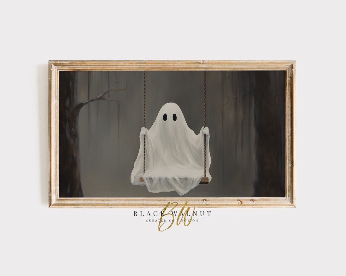 Halloween Ghost on Swing Art Print, Moody Decor