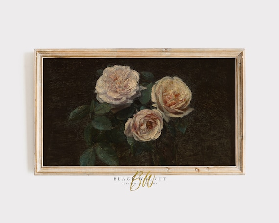 Frame Tv Art Vintage Moody Flowers Still Life Painting Blush Pink Flowers Antique Oil Painting French Farmhouse