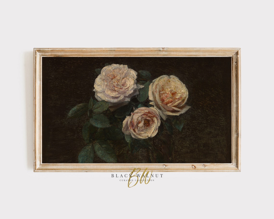 Frame Tv Art Vintage Moody Flowers Still Life Painting Blush Pink Flowers Antique Oil Painting French Farmhouse