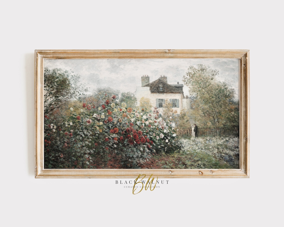 French Country Rose Garden Painting Vintage Cottage House Floral Print