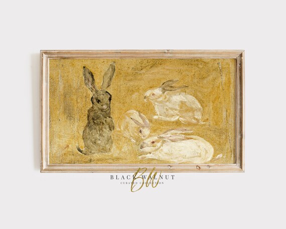 Vintage Bunny Rabbits Golden Abstract Easter Painting Cute Animal Art Poster