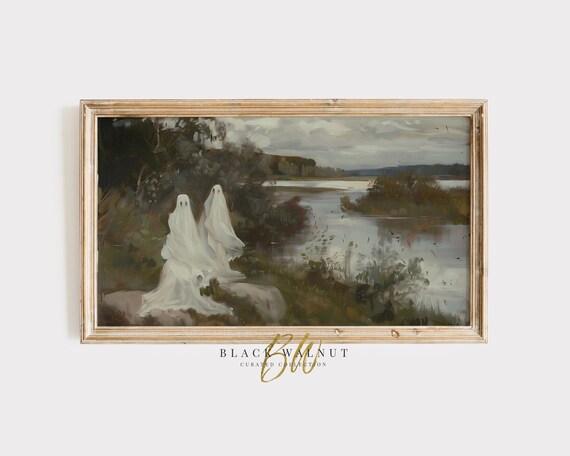 Ghosts In Moody Lake Landscape Vintage Oil Painting Halloween Wall Print