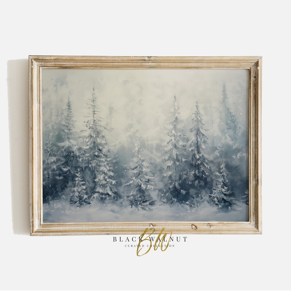 Snowy Blue Pine Forest Soft Winter Woodland Vintage Landscape Wall Art