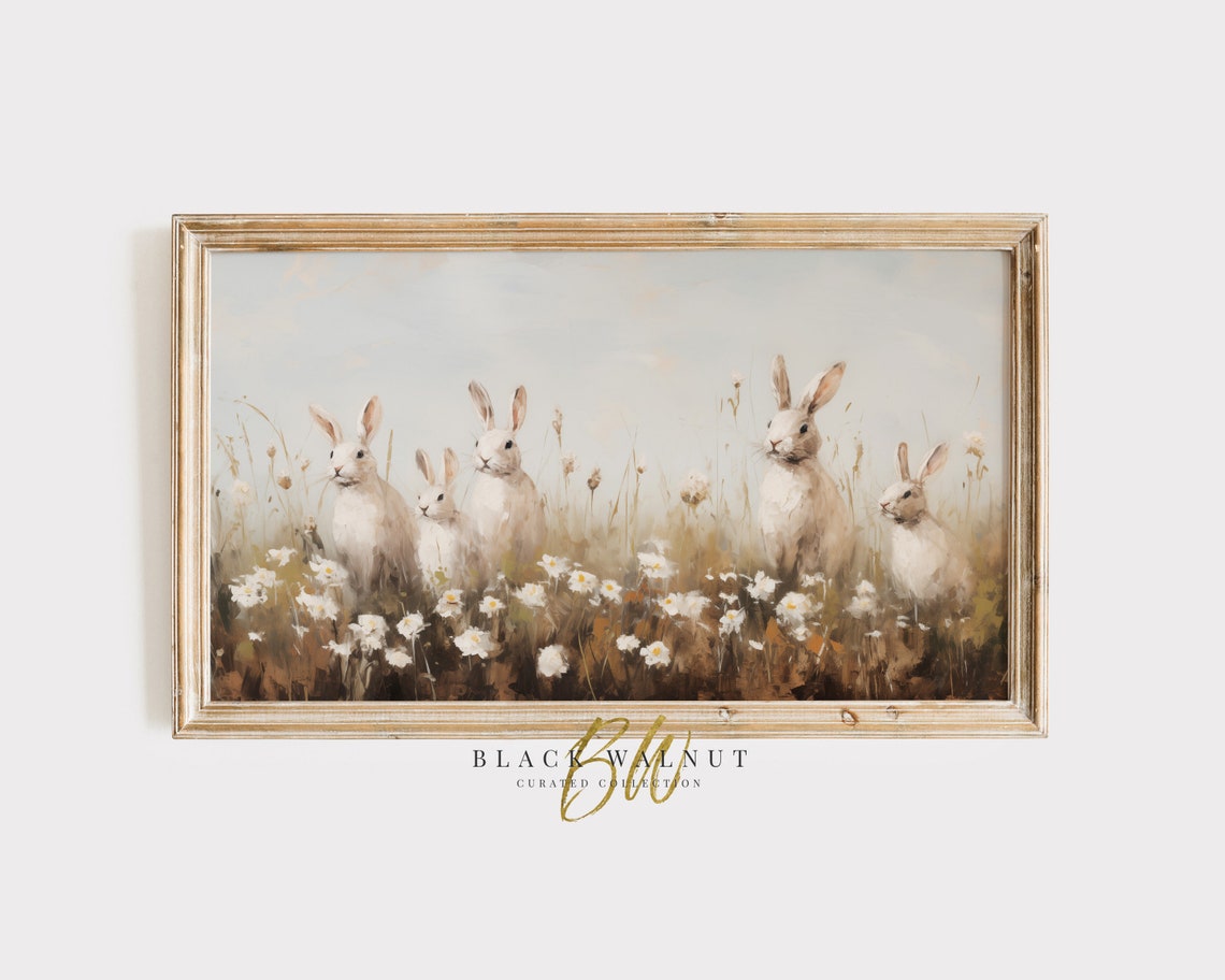 Five White Rabbits in Wildflower Meadow Vintage Easter Art Poster