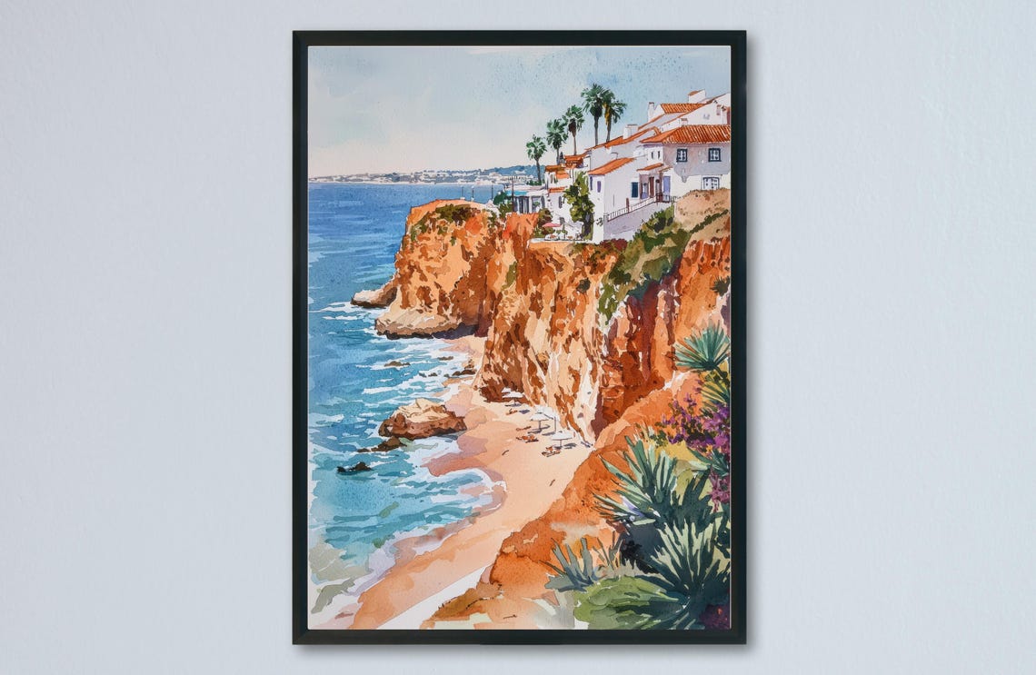 Algarve Red Cliffs Whitewashed Village Beach Cove Portugal Poster