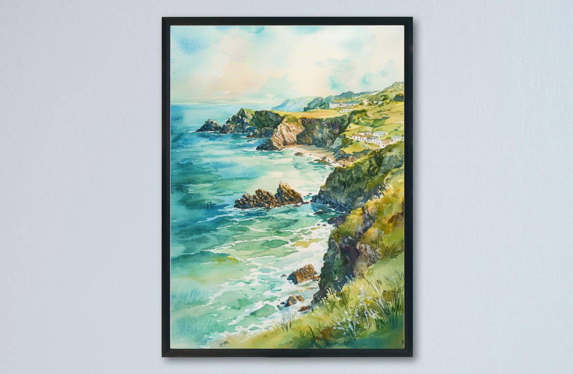 Cornwall England Rugged Cliffs Sea Stacks Watercolor Art Poster