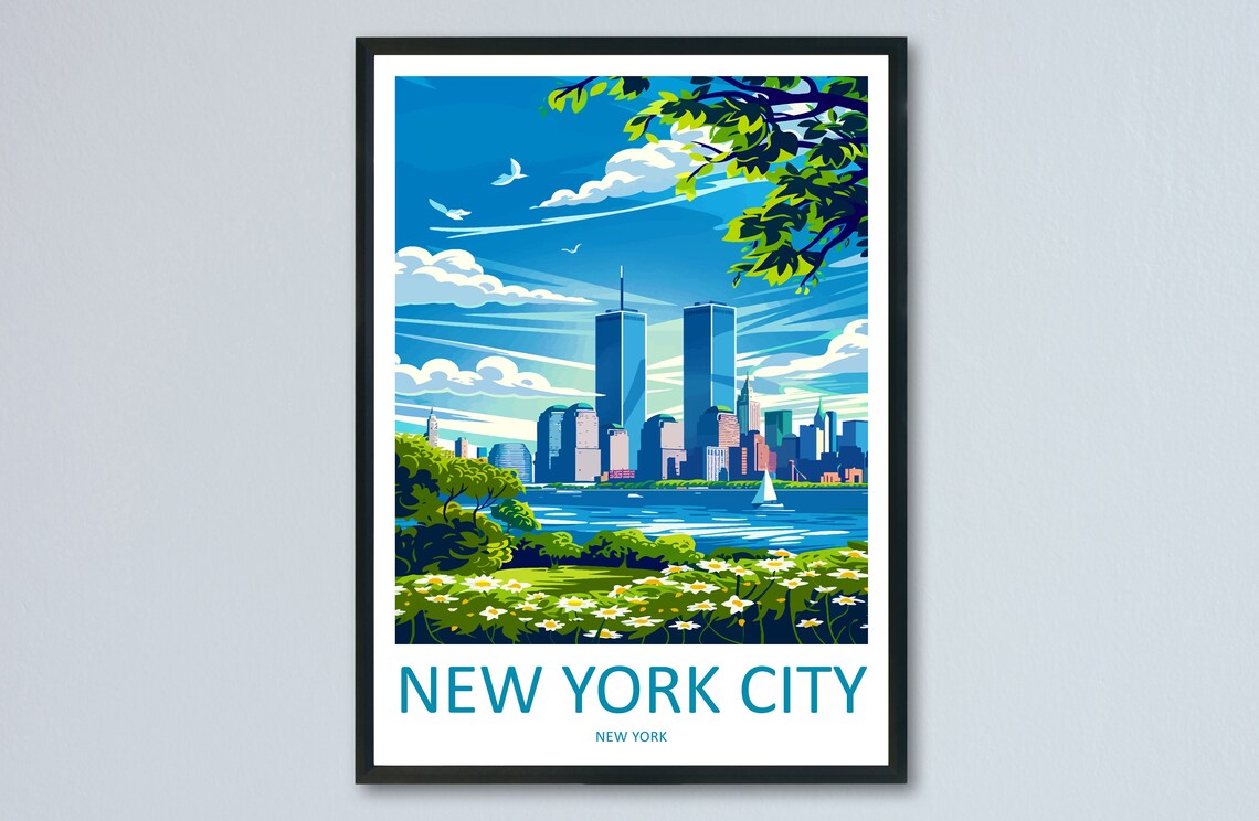 Retro New York City Twin Towers Skyline Beyond a Flower Meadow Poster