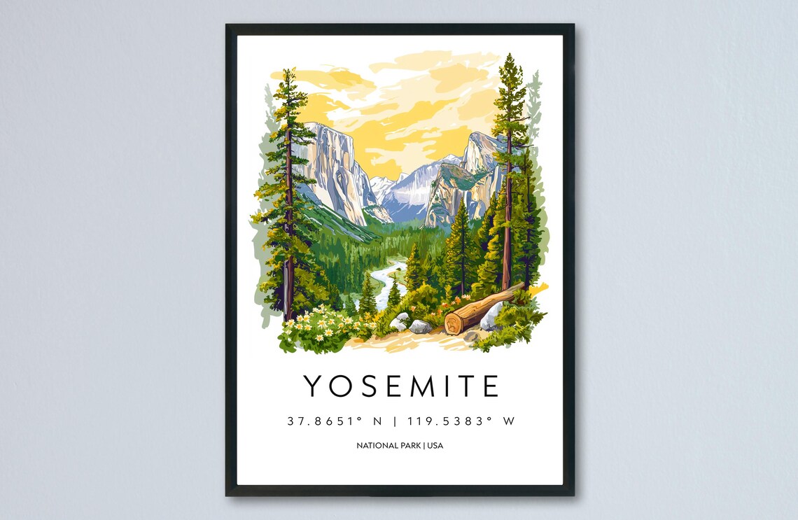 Yosemite National Park Granite Cliffs Watercolor Travel Poster