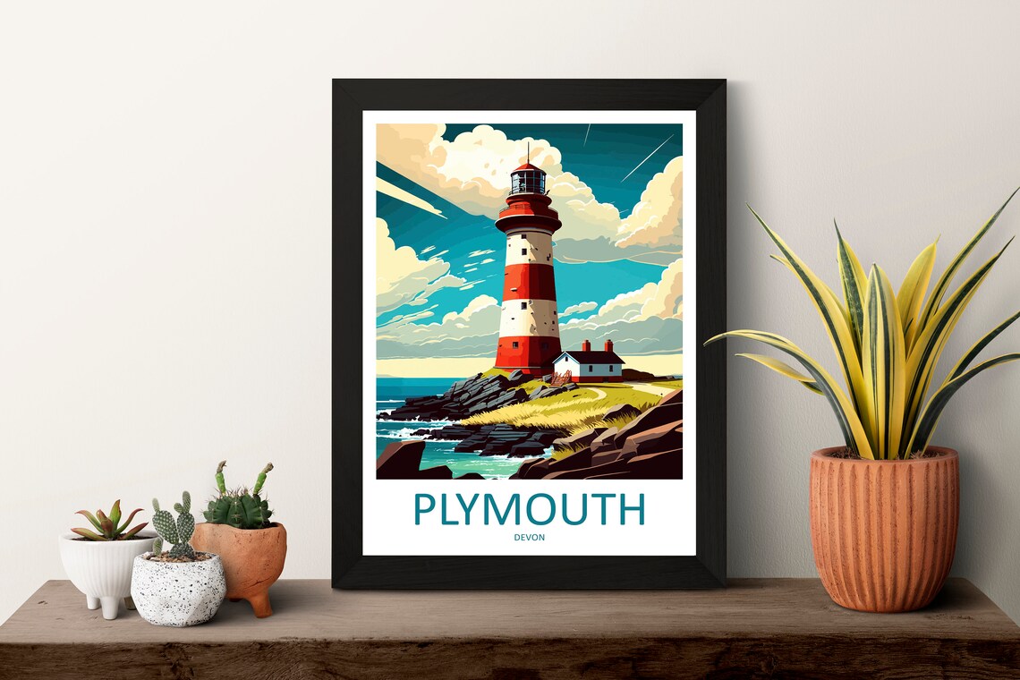 Plymouth Devon Red White Lighthouse Rocky Coast Travel Poster UK - Image 3