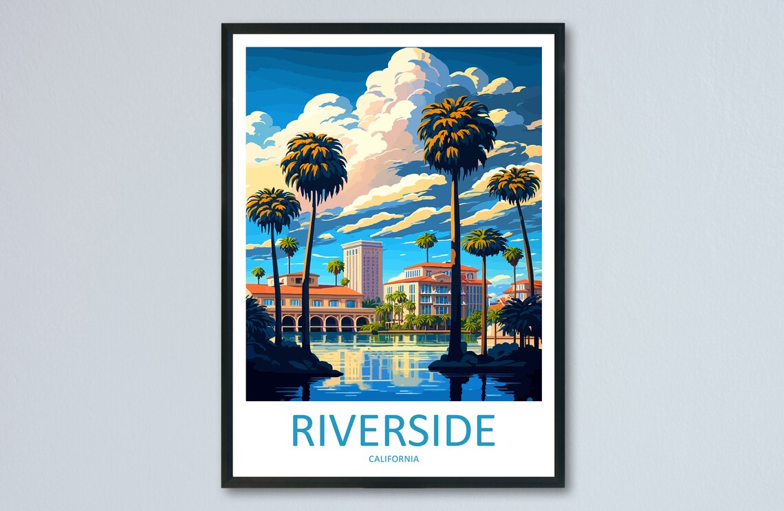 Riverside California Palm Lake Skyline Bright Travel Scene Poster