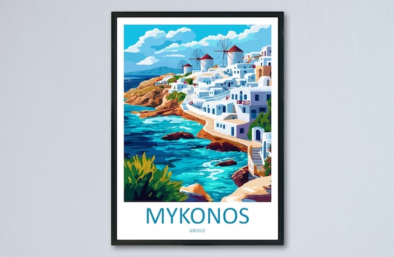 Mykonos Travel Poster Greece Wall Art Island View Print Windmill Scene Illustration Coastal Decor Gift Souvenir Cyclades