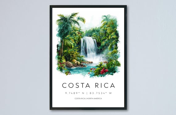 Costa Rica Waterfall Tropical Jungle Watercolor Travel Poster