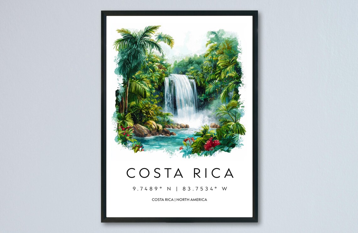 Costa Rica Waterfall Tropical Jungle Watercolor Travel Poster