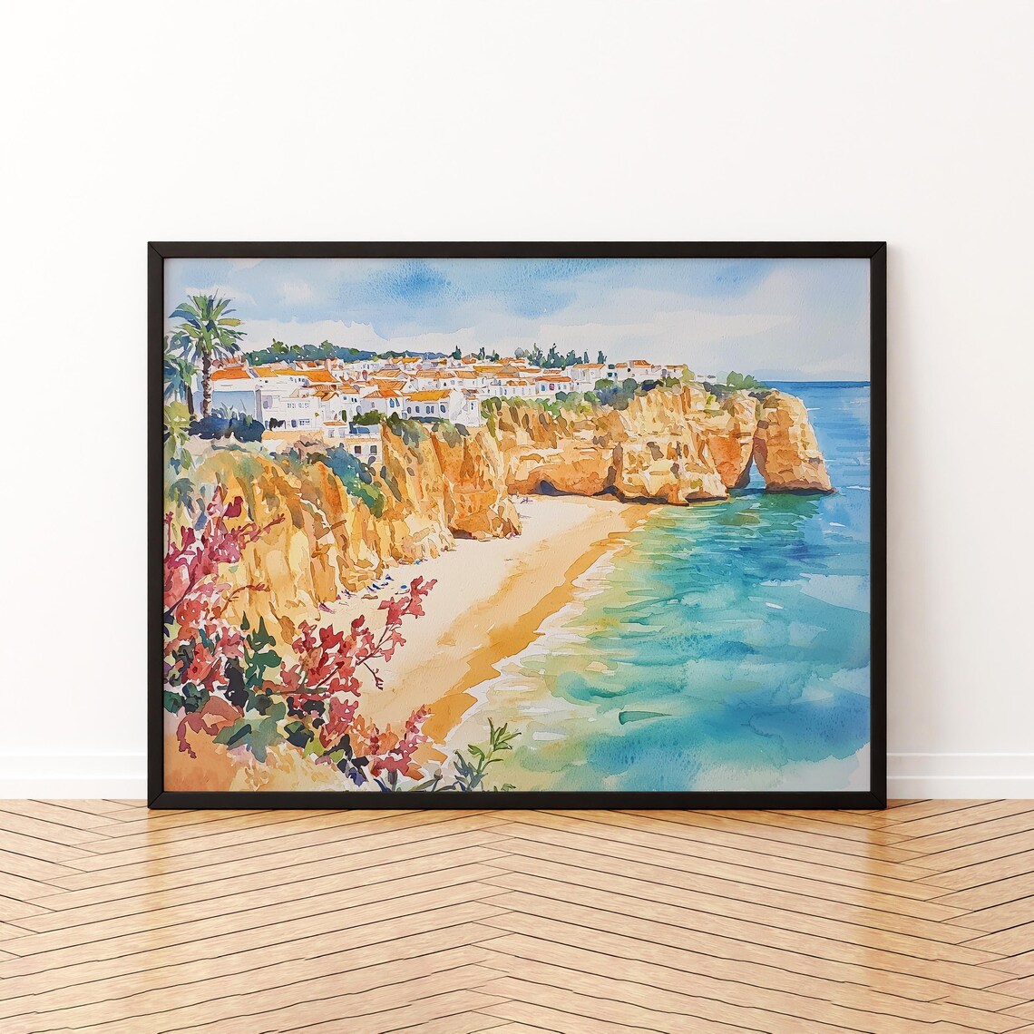 Albufeira Portugal Cliff Beach Turquoise Sea Watercolor Poster