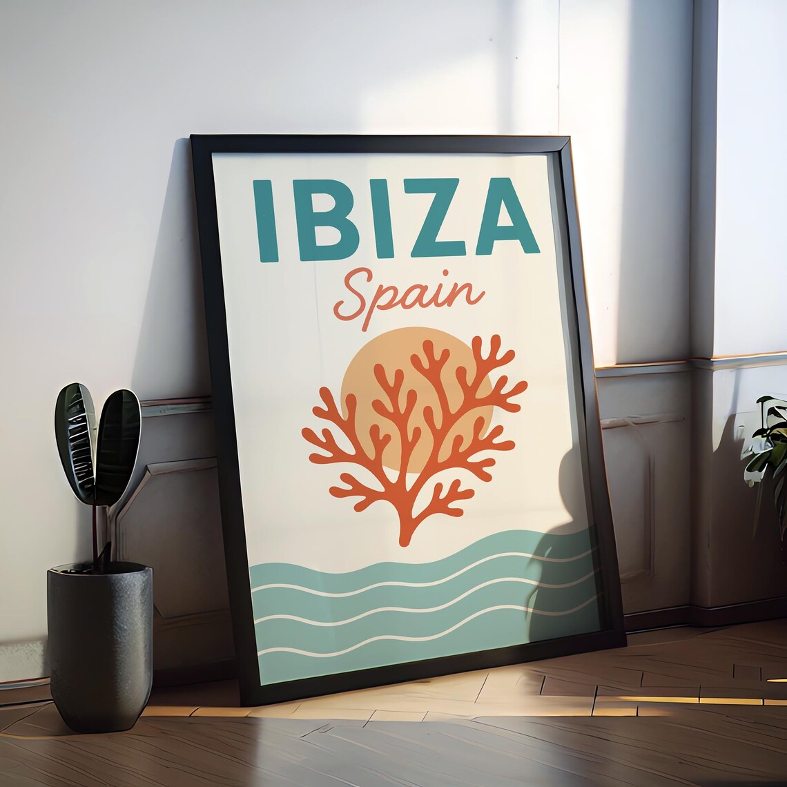 Ibiza Spain Coral Reef Sunset Ocean Waves Retro Travel Poster