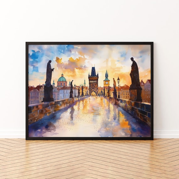 Prague Charles Bridge Sunset Watercolor Old Town Towers Poster