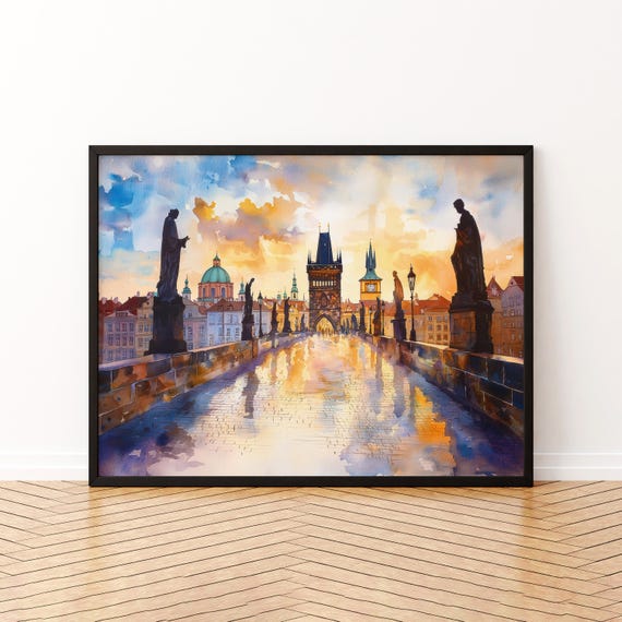 Prague Watercolor Poster Landscape Wall Art Hanging Home Dcor Gift Lovers Czech Republic