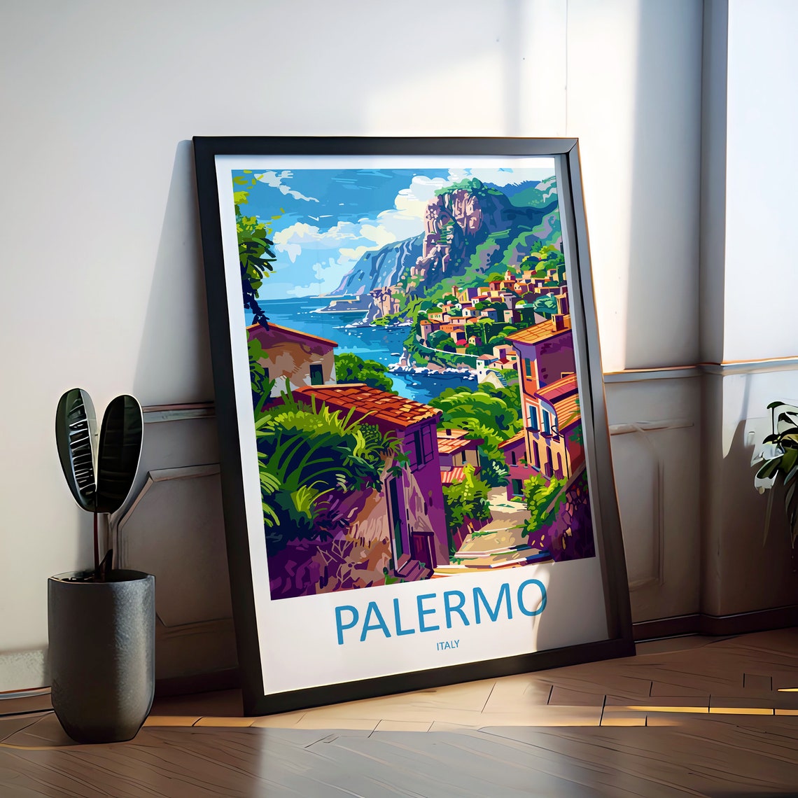 Palermo Sicily Italy Coastal Town Under Cliffs View Travel Poster - Image 3