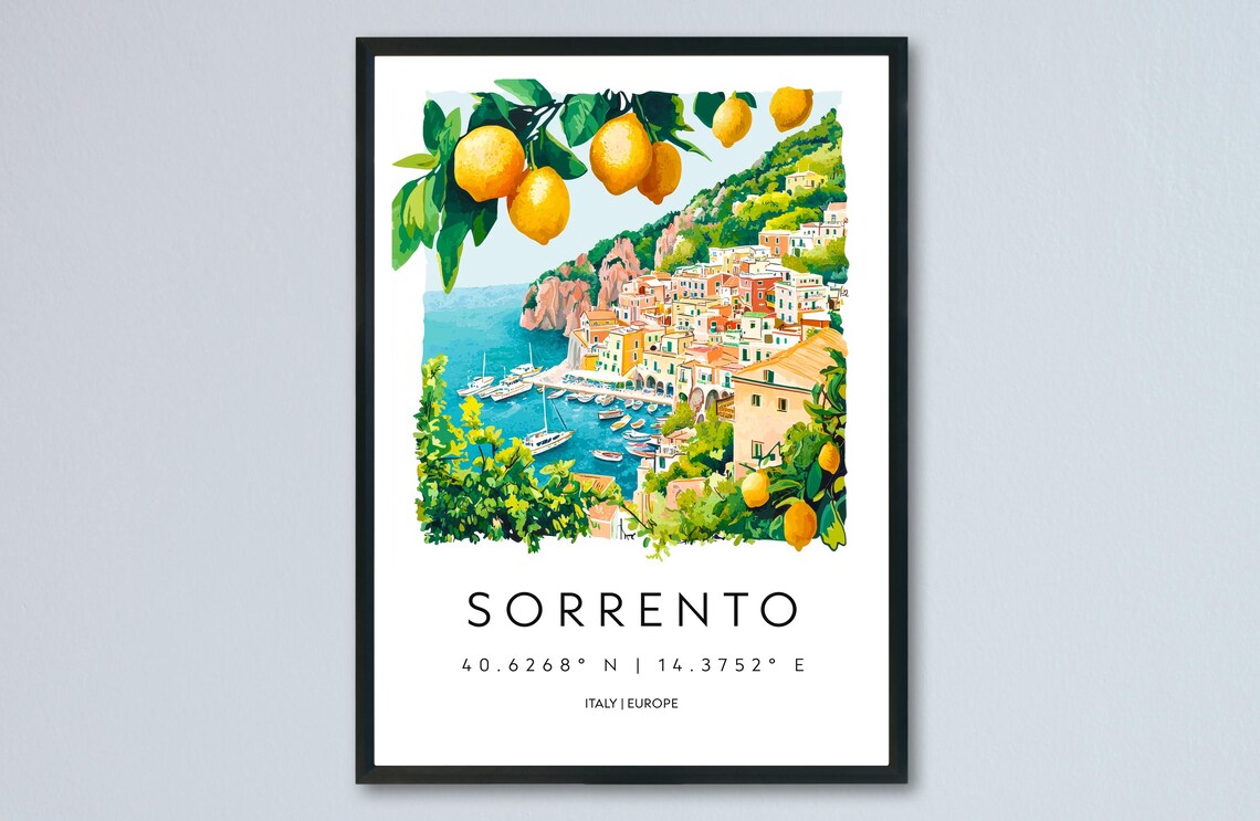Sorrento Italy Lemons Amalfi Coast Town Watercolor Travel Poster