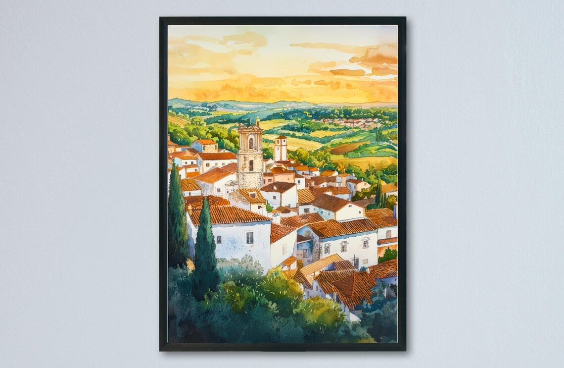 Evora Portugal Golden Sunset Old Town Watercolor Travel Poster