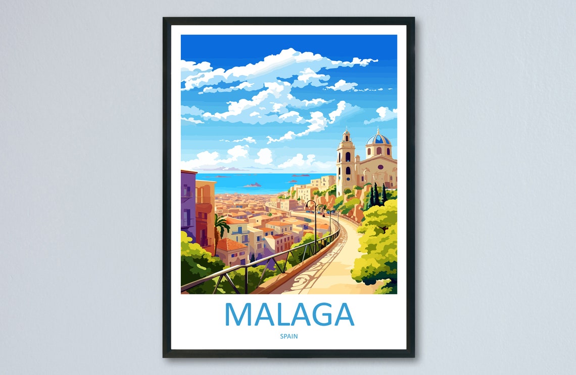 Malaga Spain Coastal City Overlook Church Dome and Sea Poster