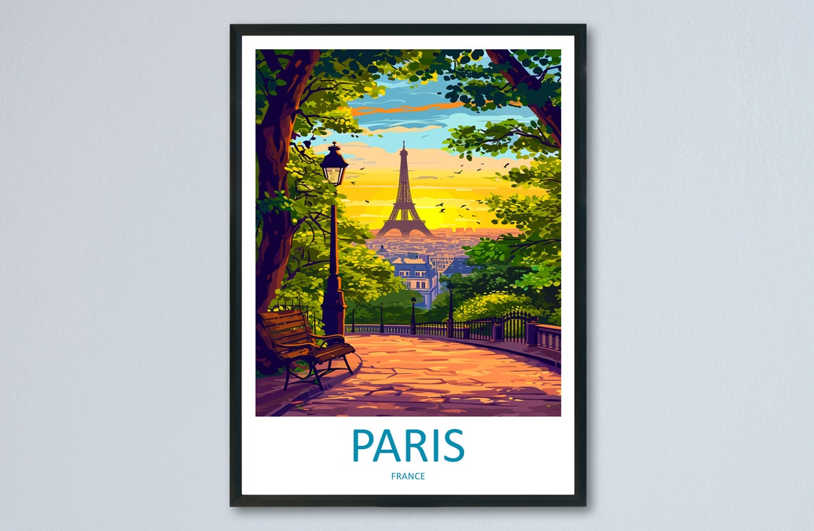 Paris France Eiffel Tower Sunset Park Bench Travel Poster Art