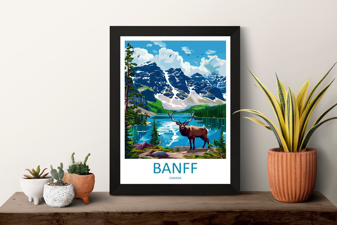 Banff Canada Snowy Mountain Lake Elk Wildlife Summer Scene Poster - Image 3