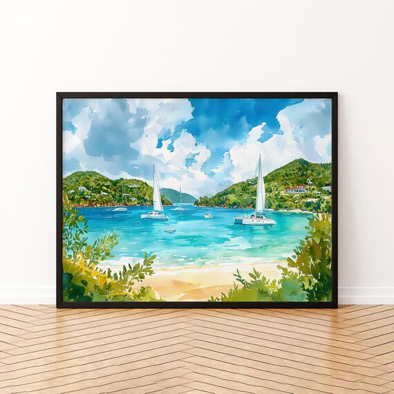 British Virgin Islands Caribbean Sailboat Bay Watercolor Art Poster