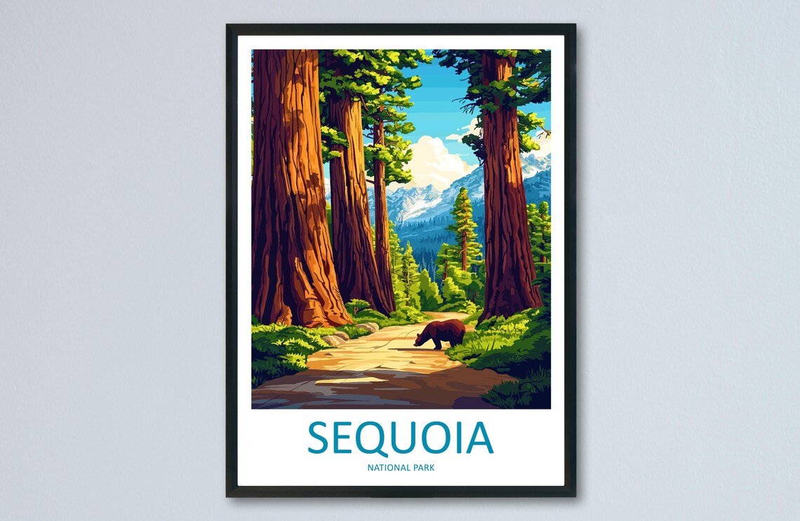 Sequoia Travel Poster, National Park Forest Illustration