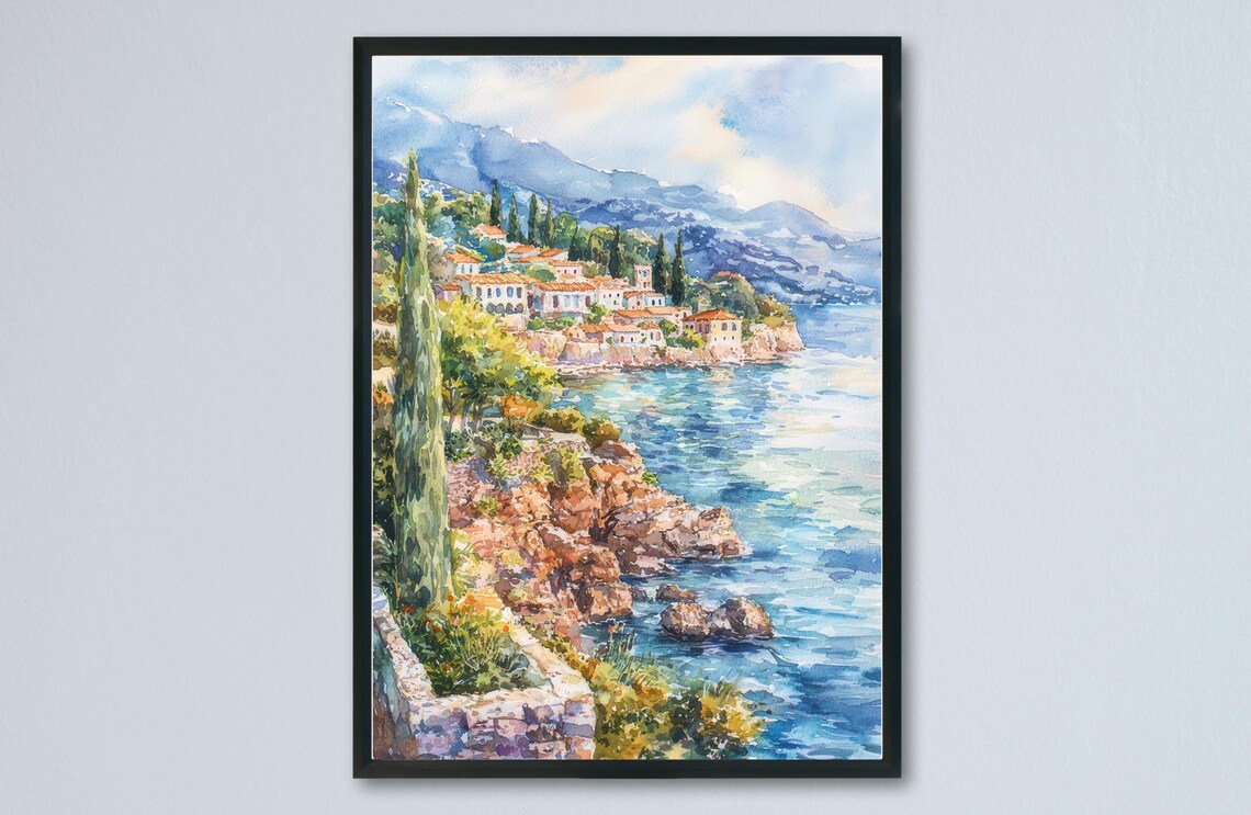 Corfu Old Town Seaside Cypress Cliffs Ionian Sea Watercolor Poster