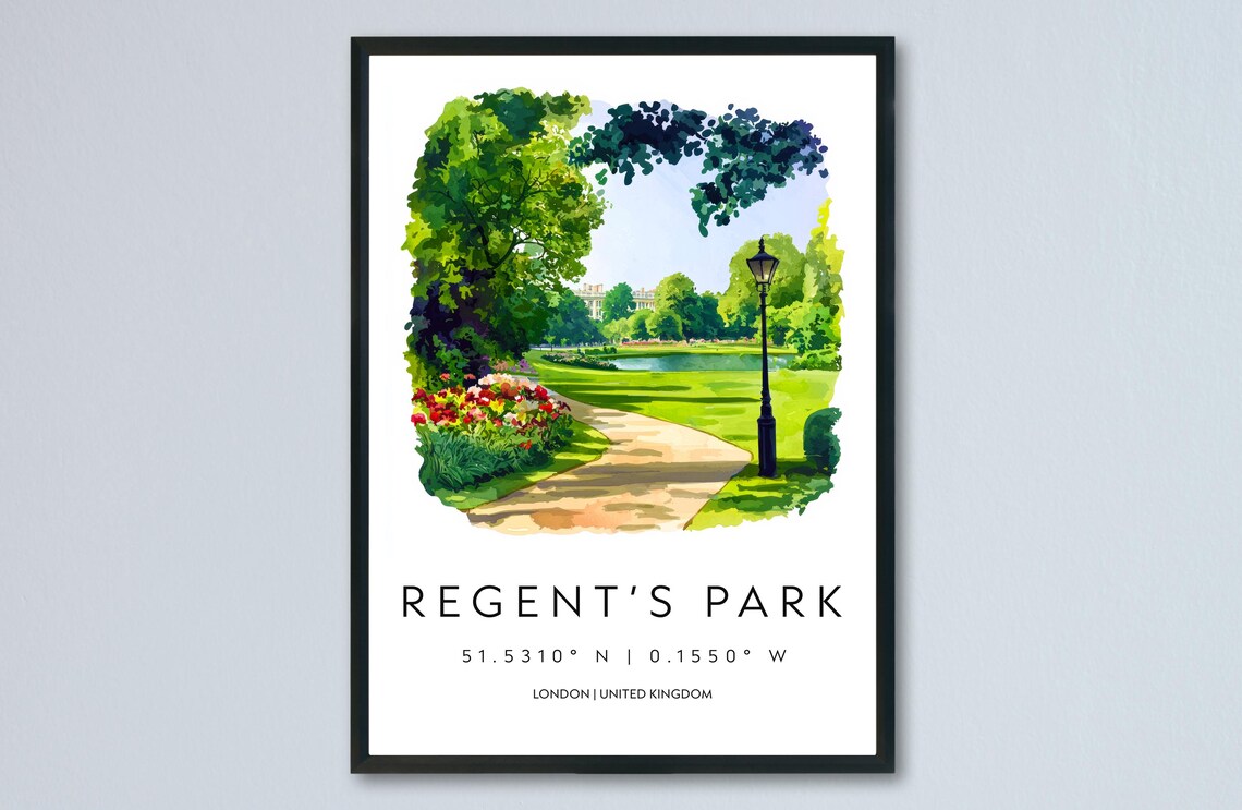 Regents Park London Garden Path Lamp Flowers Watercolor Poster