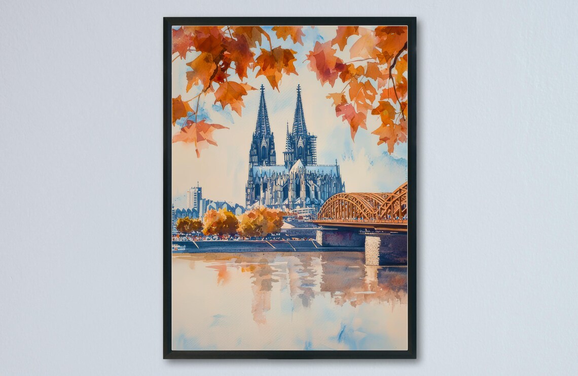 Cologne Cathedral Autumn Leaves Golden Watercolor Rhine Poster