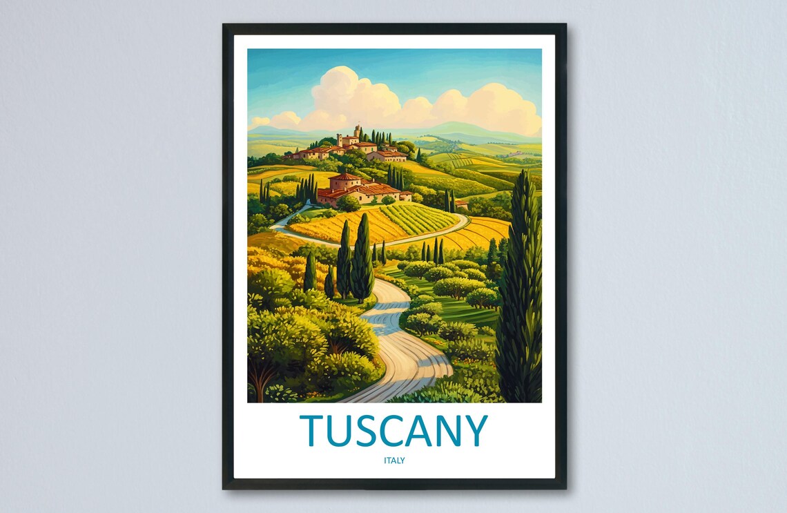 Tuscany Italy Rolling Hills Cypress Travel Illustration Poster